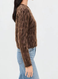 ASTR Katria Fuzzy Crewneck Cardigan in brown cheetah - women's cardigan - alternate view
