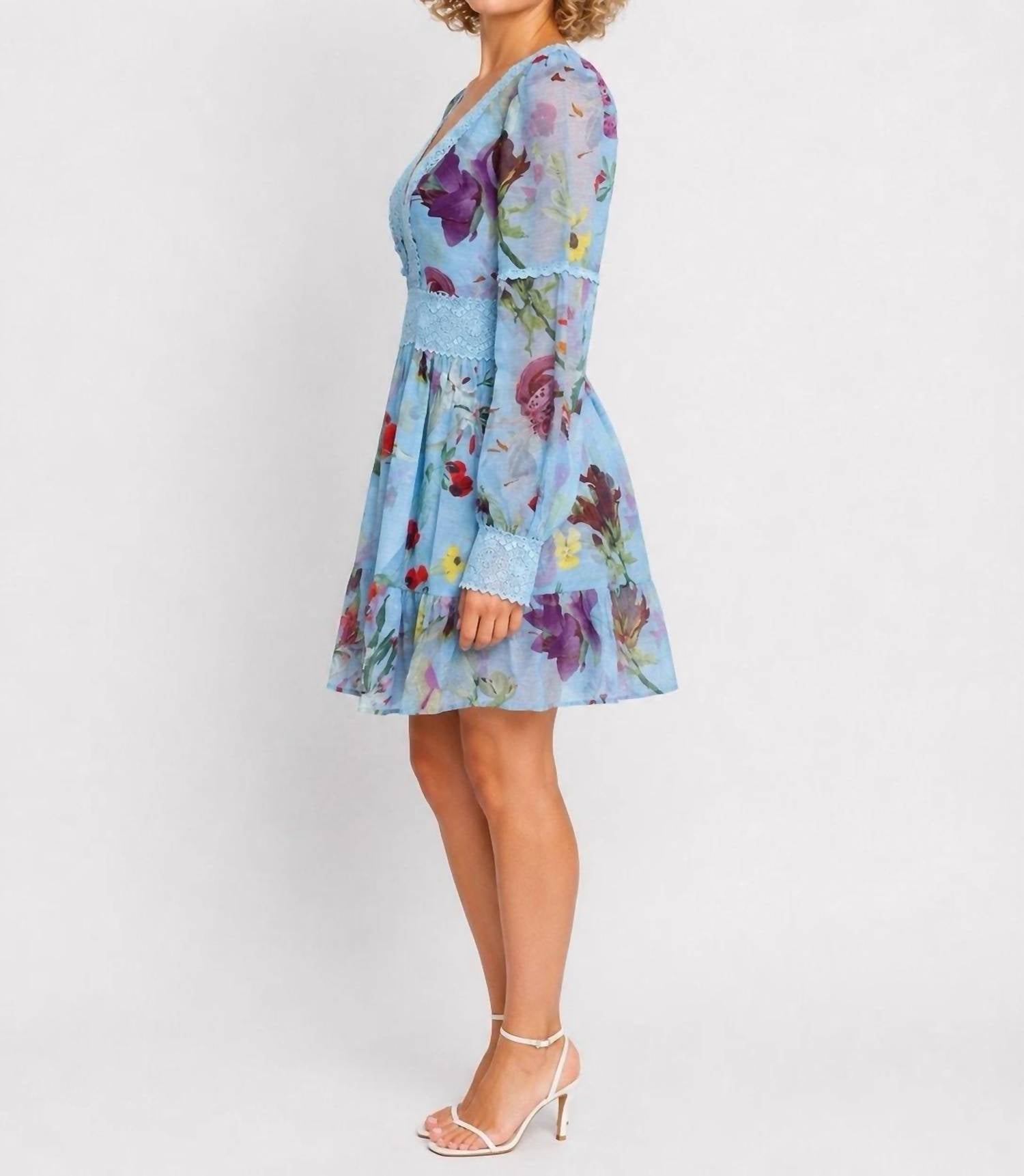 Patbo - Lily Flower Long Sleeve Plunge Mini Dress
