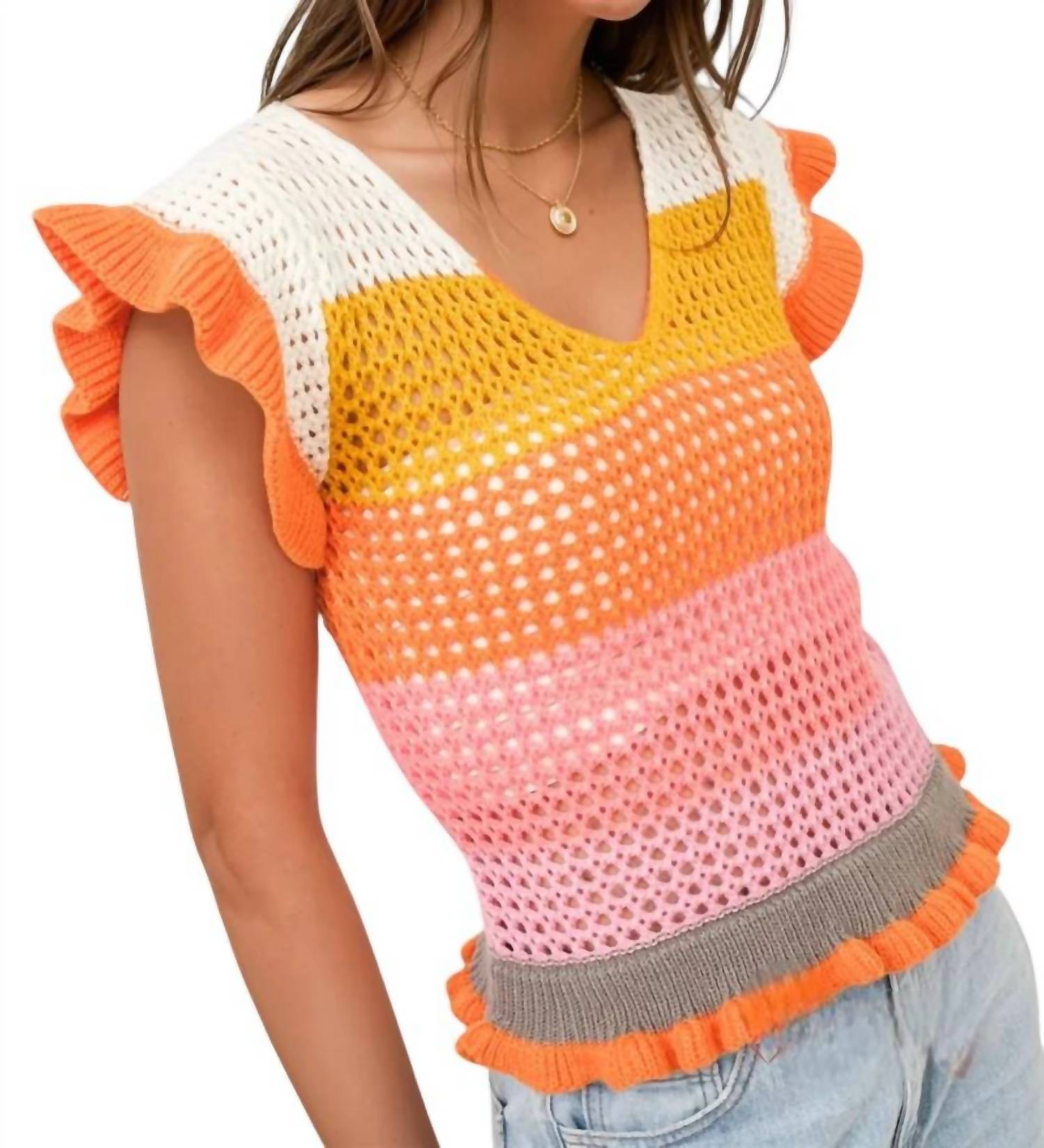 Blue B - Keesha Crochet Knitted Multi Stripe Ruffle Sleeve Top