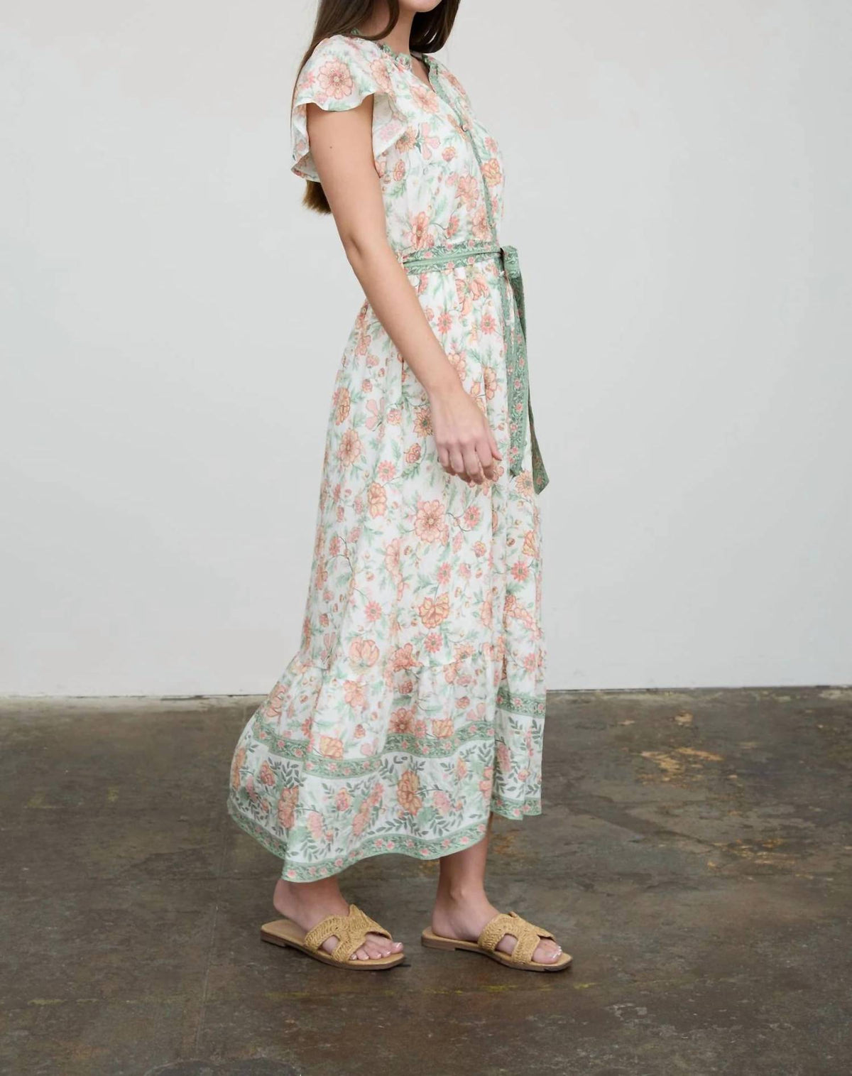 August Sky - Floral Border Print Belt Strap Midi Dress
