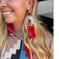 Rowdy Crowd Women's Concho Rodeo Earrings in red bandana - women's jewelry - detail view