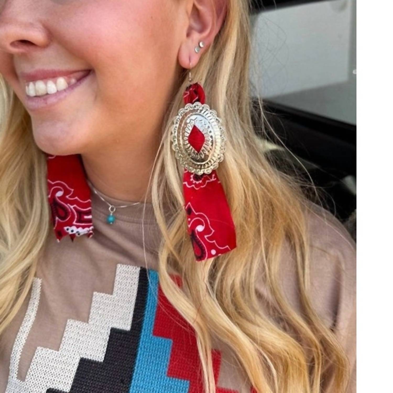 Rowdy Crowd Women's Concho Rodeo Earrings in red bandana - women's jewelry - detail view