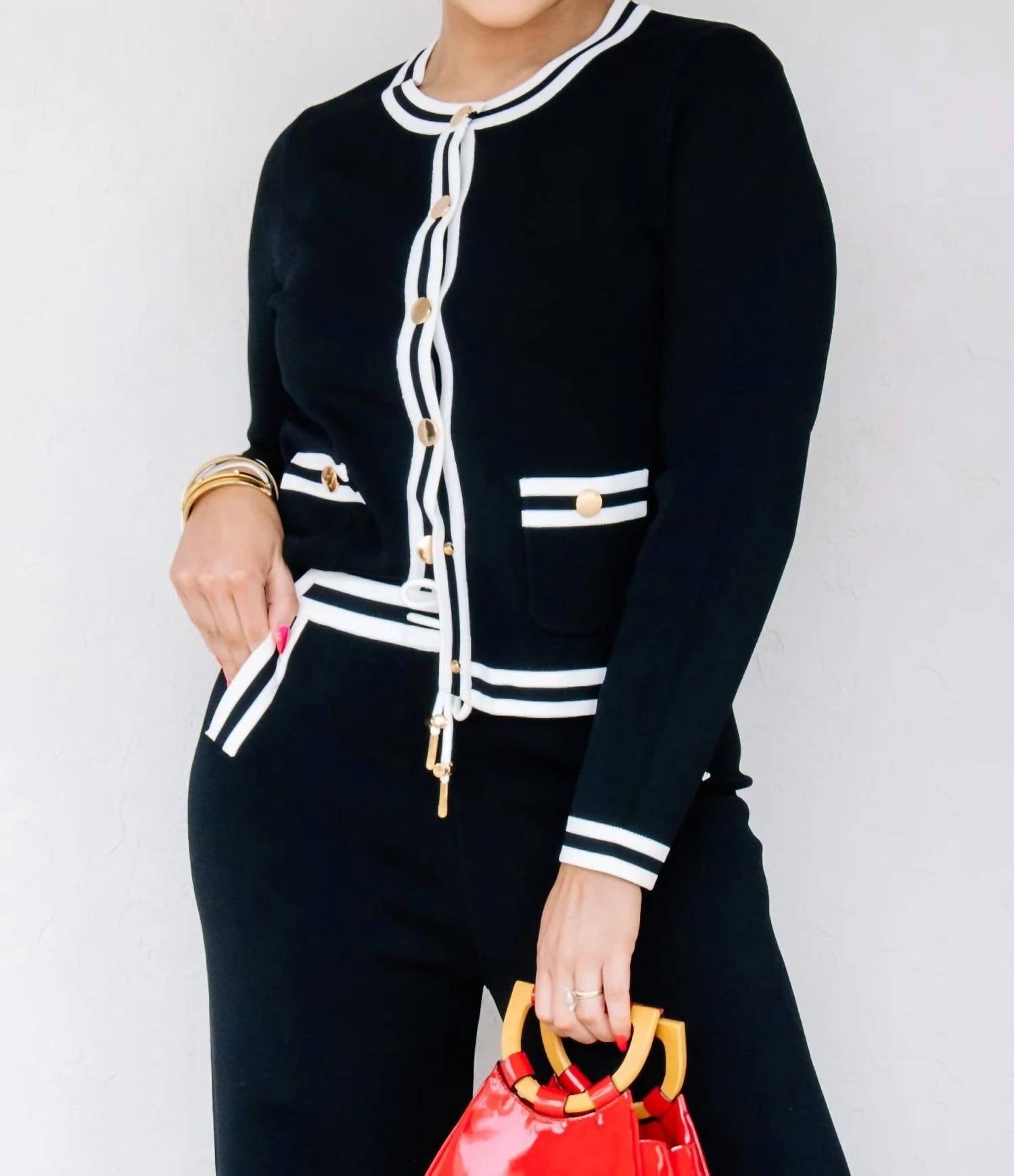 AZI Sara long sleeve button cardigan in black - women's cardigan - detail view