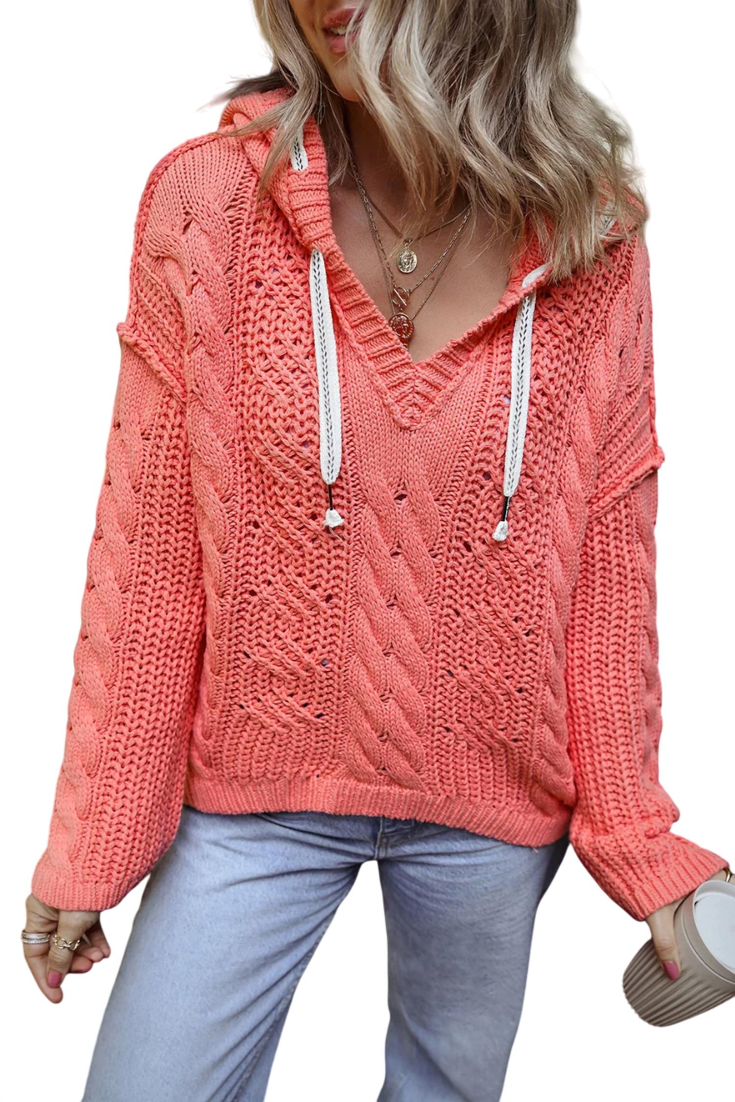 Sweet Lover Fashion - Coral Knit Drawstring Hooded Sweater