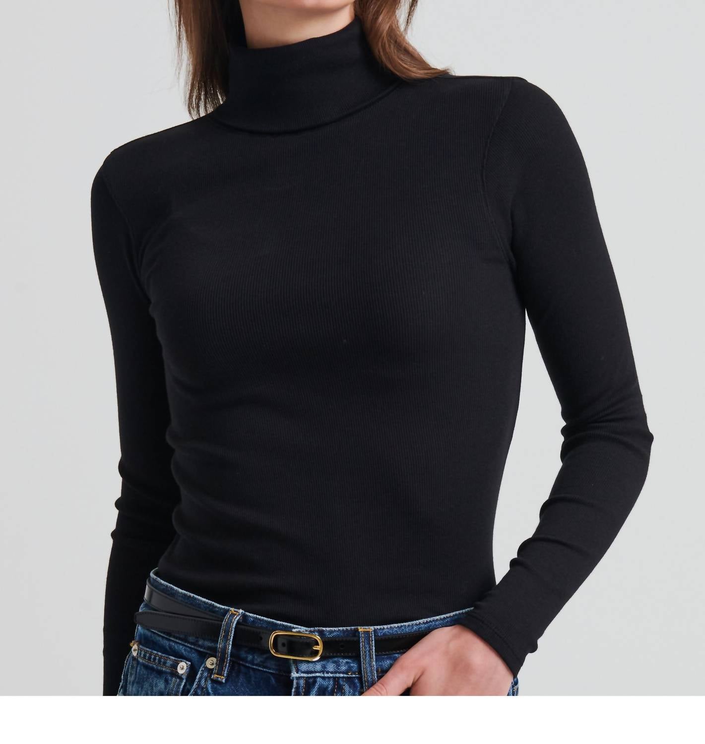 Patrick Assaraf Long Sleeve Cotton Modal Rib Turtle Neck Sweater in black - women's sweater
