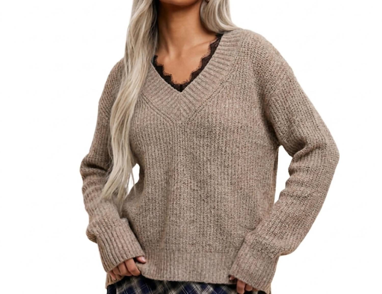 LA MIEL Boho Lace Trim V-neck Ribbed Knit Sweater in heather beige - women's sweater