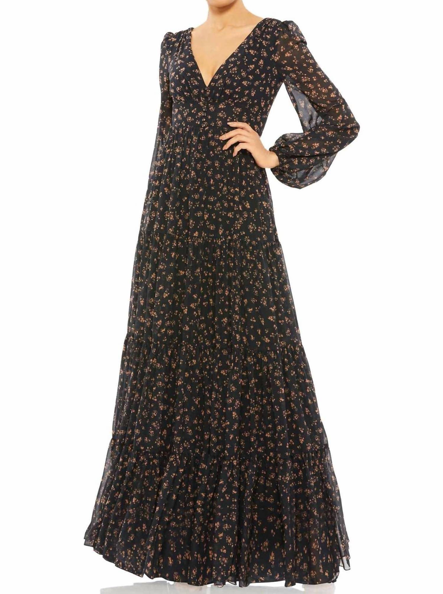 MAC DUGGAL Floral Ruffles Tiered Long Sleeve Maxi Dress in black multi - women's dress
