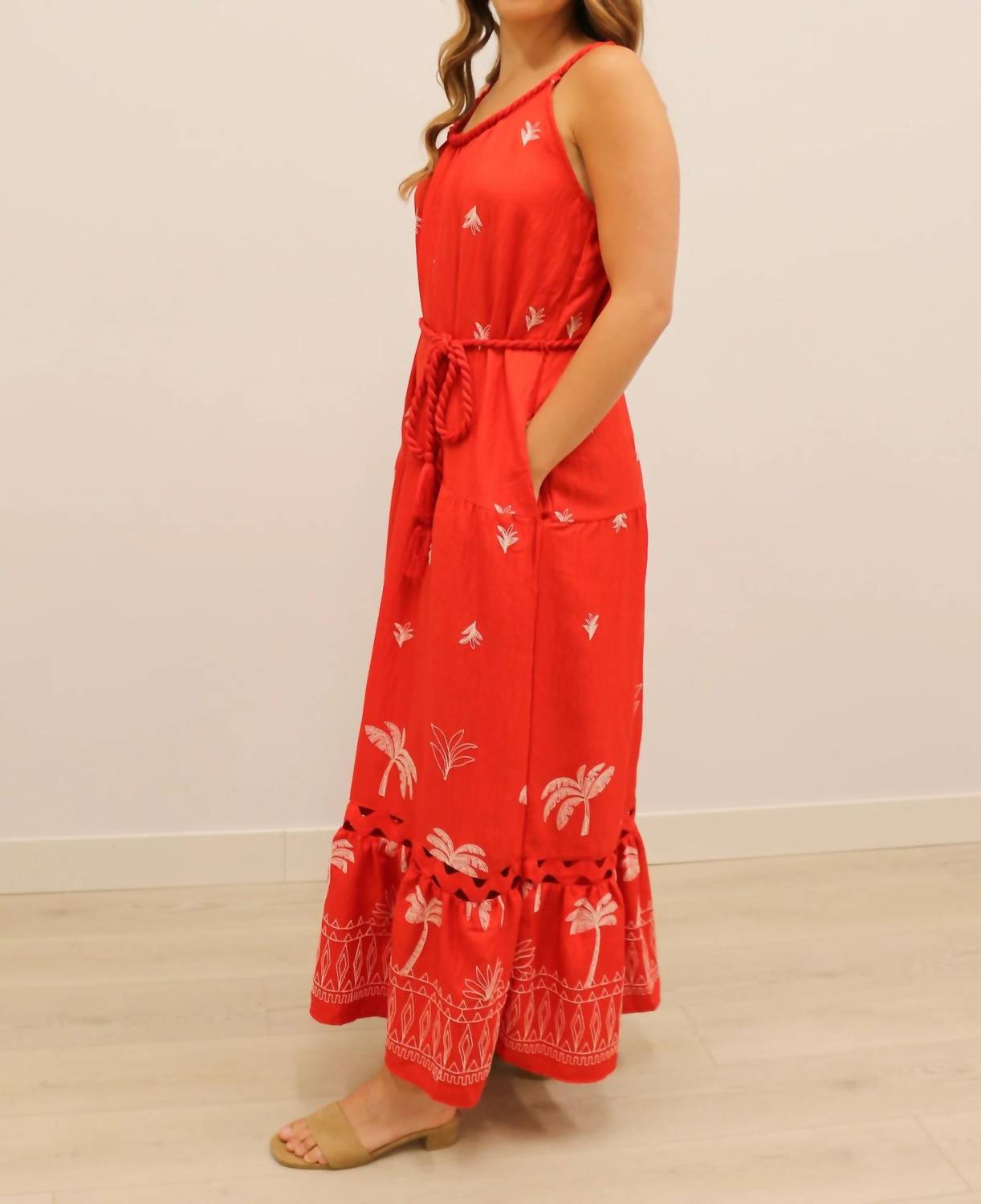Skies Are Blue - Saylor Palm Tree Embroidered Maxi Dress