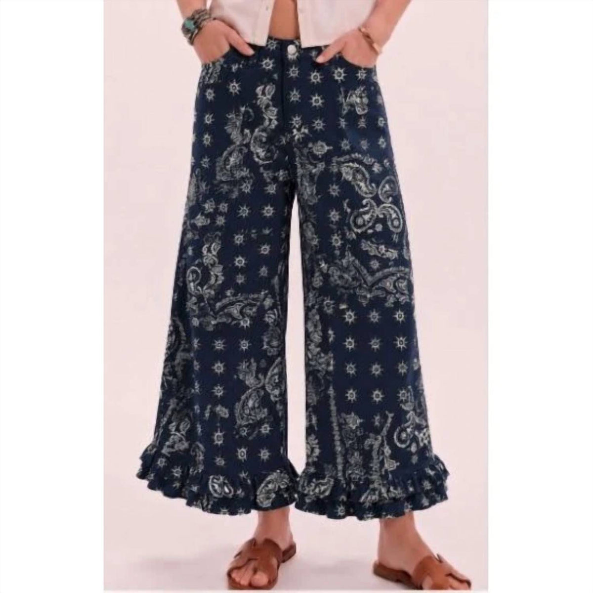 Lovlov - Paisley Ruffle Hem Wide Leg Pants