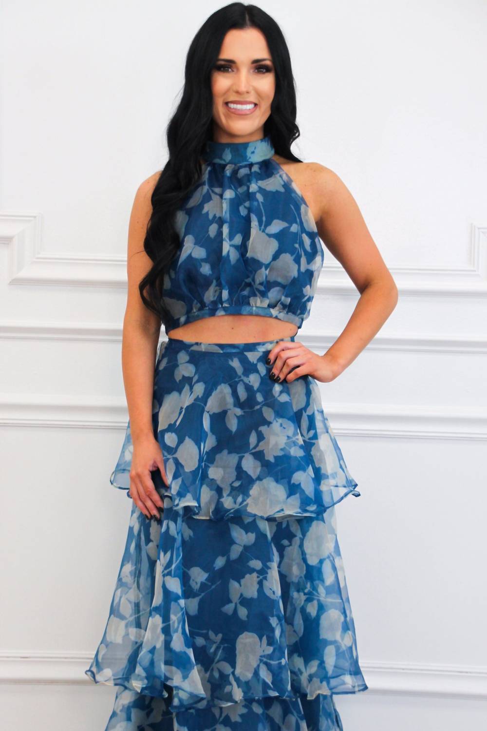 Luxxel - Cordelia High Neck Floral Ruffle Two Piece Maxi Set