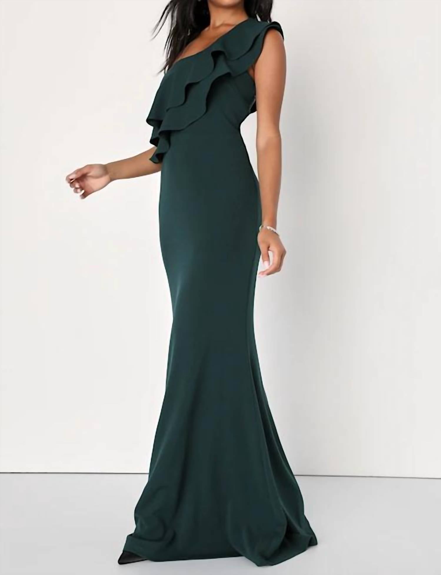 Lulus Grand Beauty Ruffled One-shoulder Mermaid Maxi Dress in emerald - women's dress - detail view