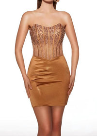 Alyce Paris - Beaded Illusion Corset Metallic Satin Dress