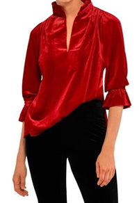 Gretchen Scott - Ruffle Neck Velvet Tunic Top
