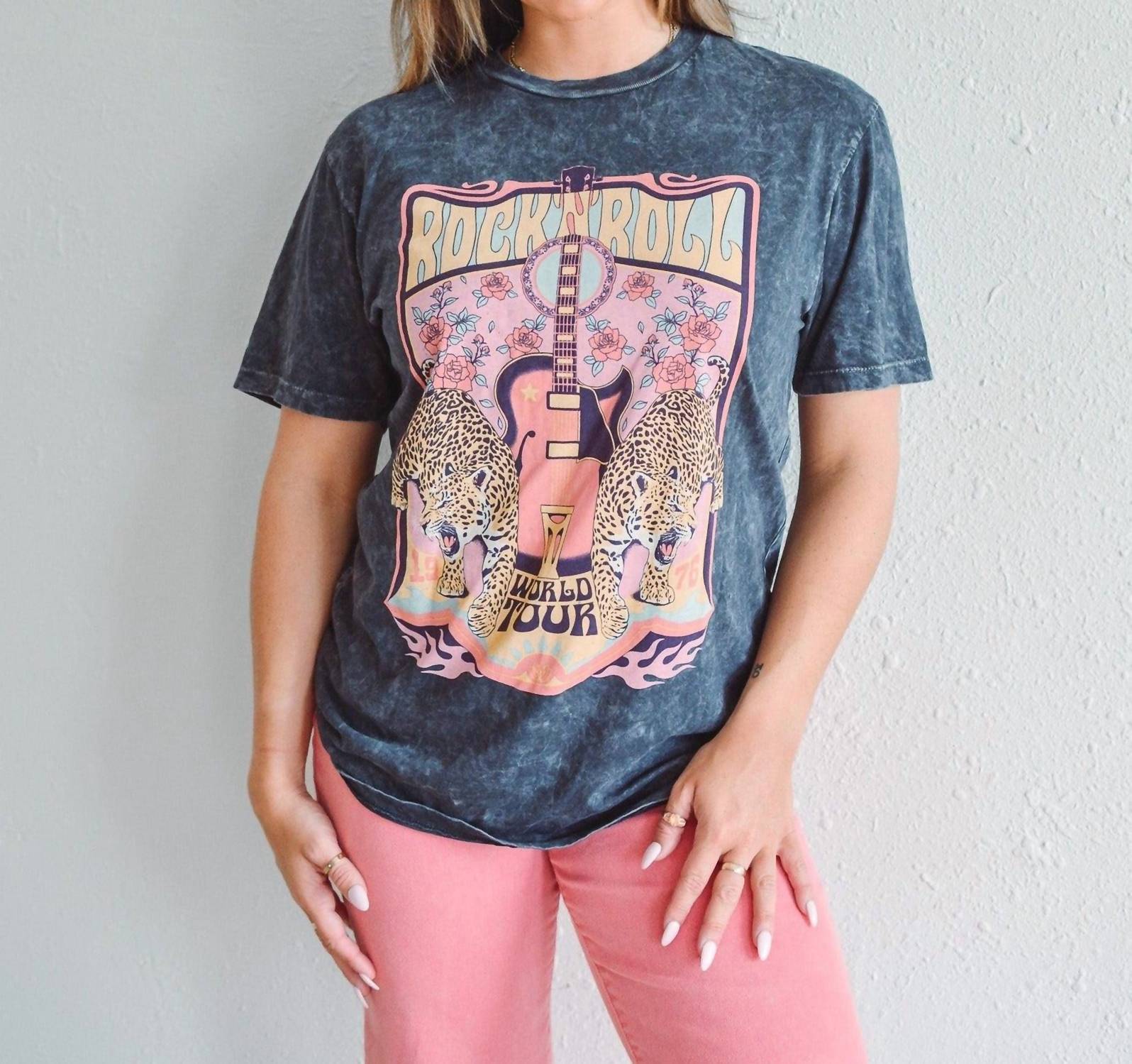 Lotus Fashion Collection World Tour Leopard Graphic Top in vintage black - women's t-shirt