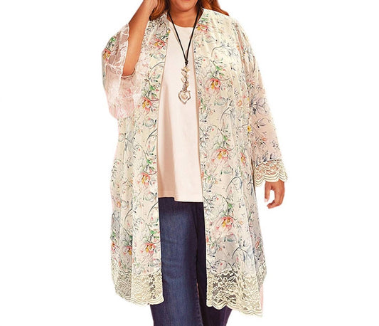 On The Plus Side - Printed Long Sleeve Lace Chiffon Duster - Plus