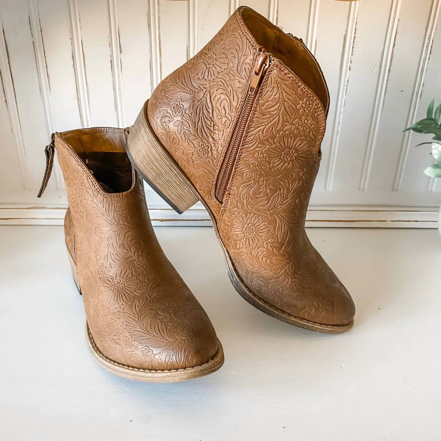 Very G Women's Divine Tooled Bootie in tan - women's shoe - detail view