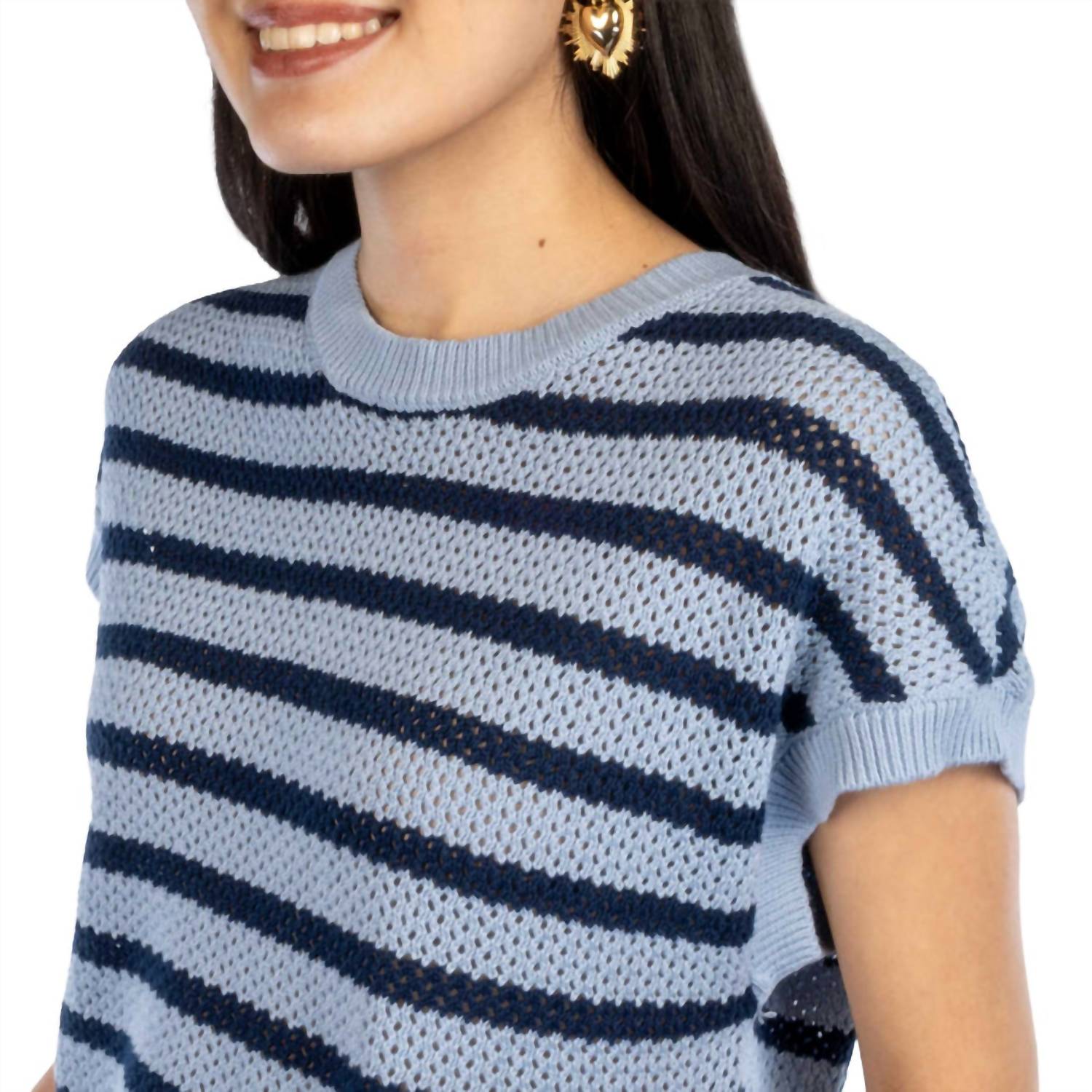 Flags & Anthem Ashley Short Sleeve Stripe Sweater Tee Top in blue combo - women's sweater - detail view