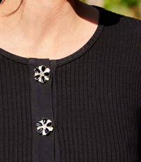 Karen Kane Long Sleeve Ribbed Flower Button Detail Top in black - women's long sleeve top - view 5