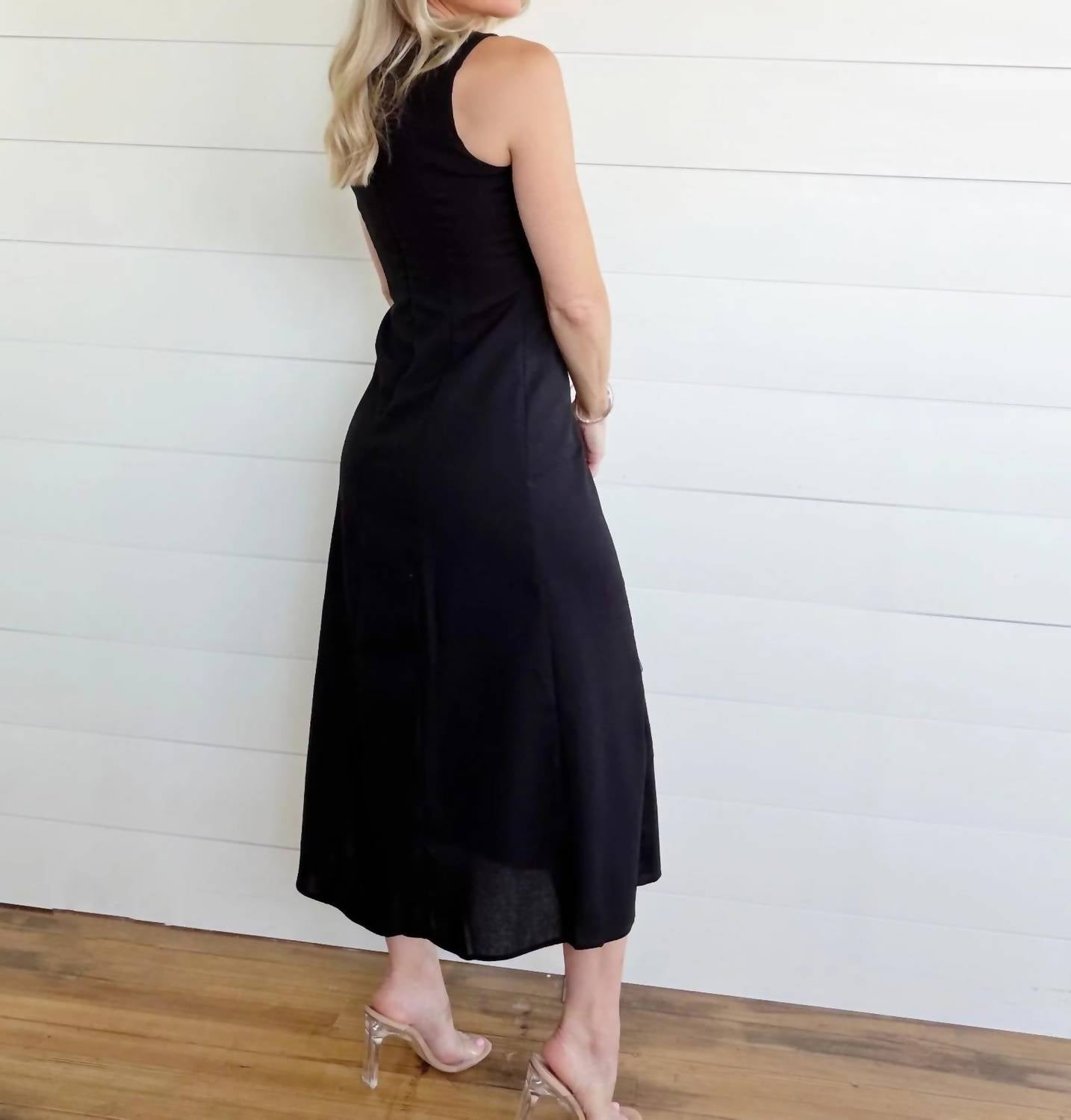 Blu Pepper - Button Down Sleeveless Split Hem Linen Midi Dress