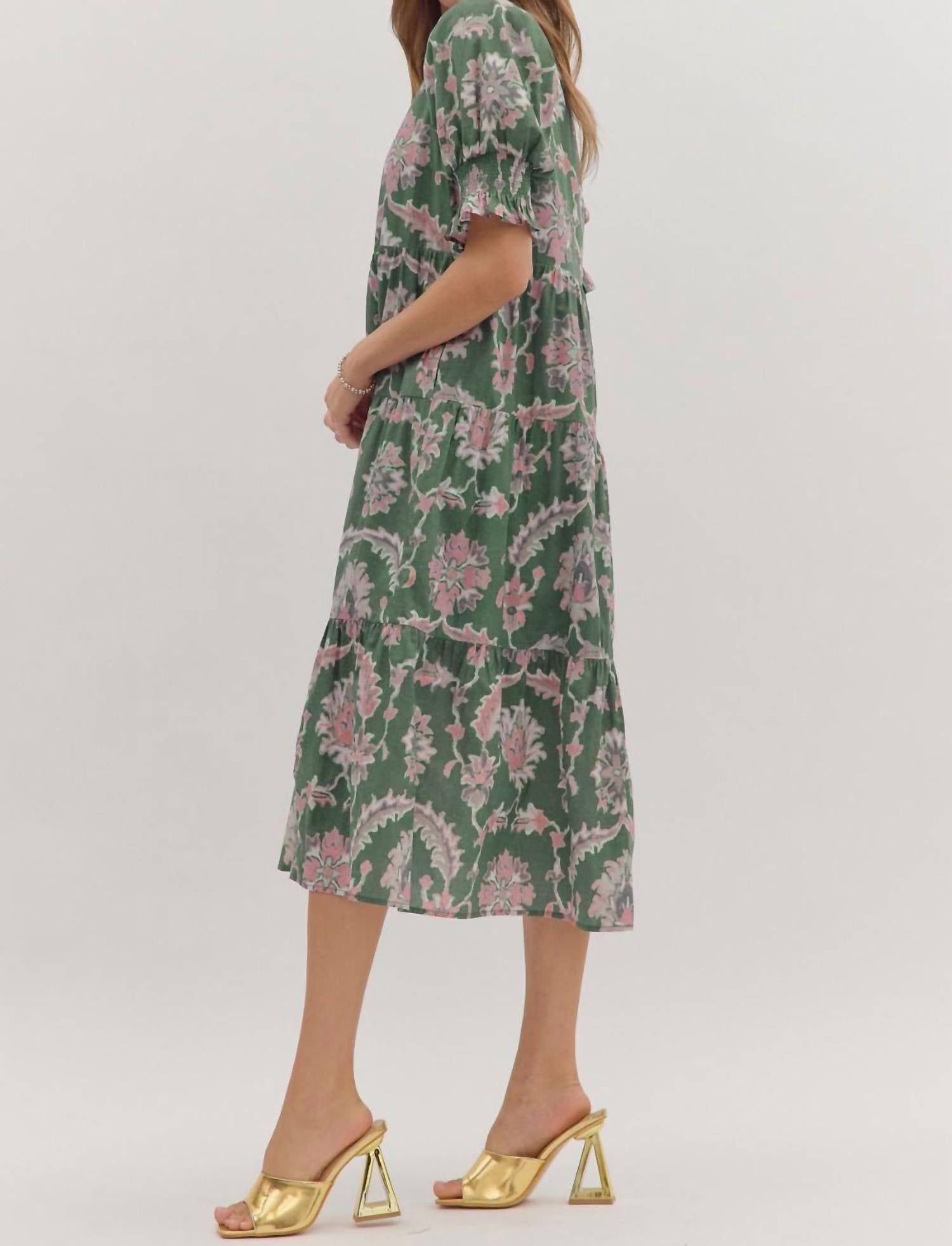 Entro - Floral Puff Sleeve Midi Dress
