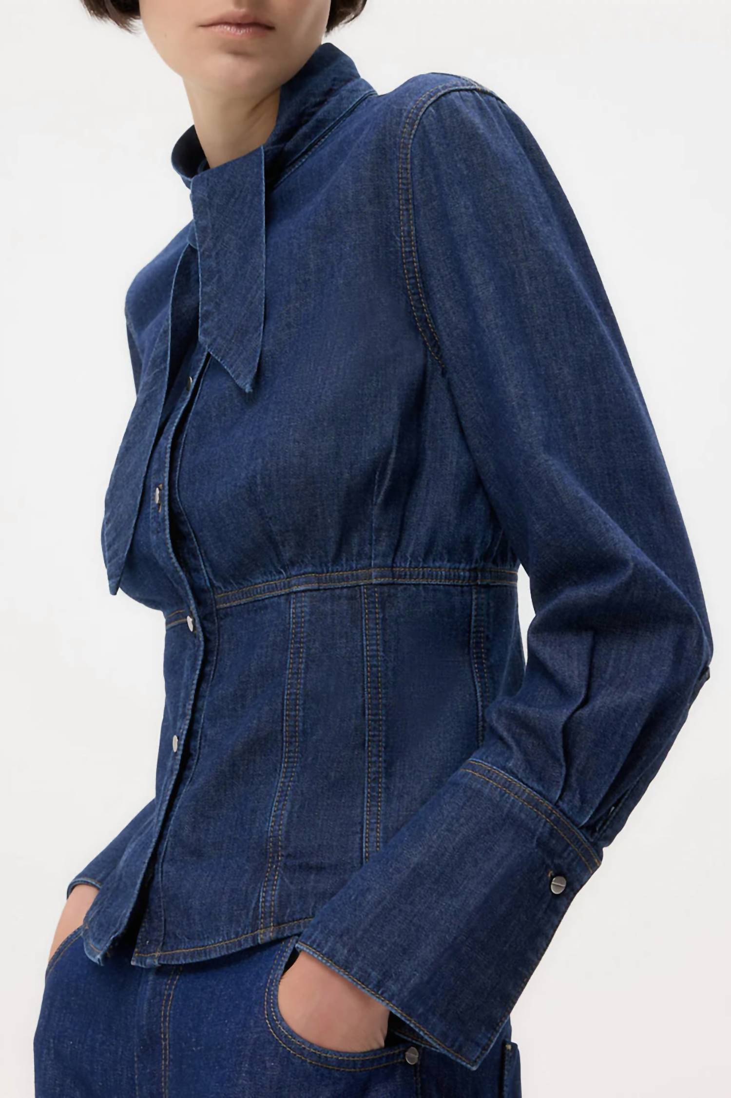 TWP Women's Fifi's Tailored Tie-neck Denim Shirt in dark stone - women's shirt - detail view