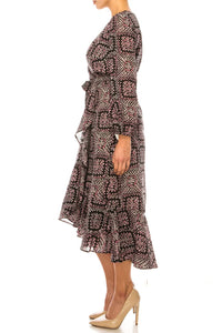 Maison Tara - Multi Print Surplice Neck Faux Wrap Midi Dress