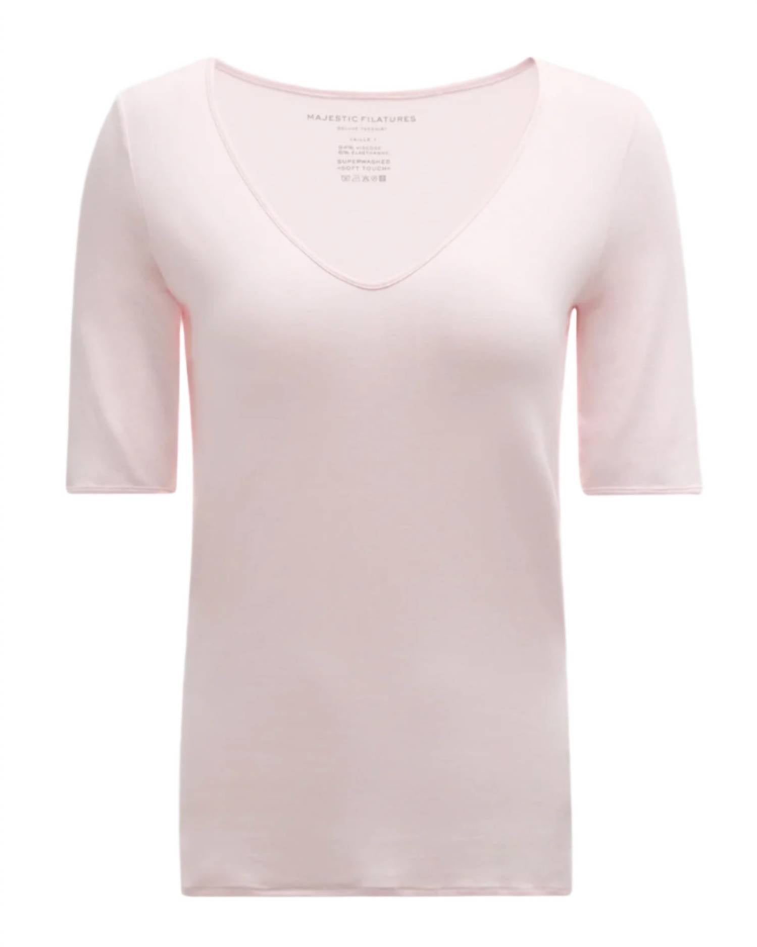 MAJESTIC FILATURES Soft Touch Elbow Sleeve V-neck Tee in petale - women's t-shirt - view 6