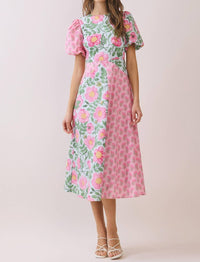 TCEC Bold Mixed Floral Pattern Midi Dress in pink - women's dress