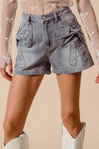 So Me Bow Ribbon Knot Pocket Denim Shorts in blue - women's shorts