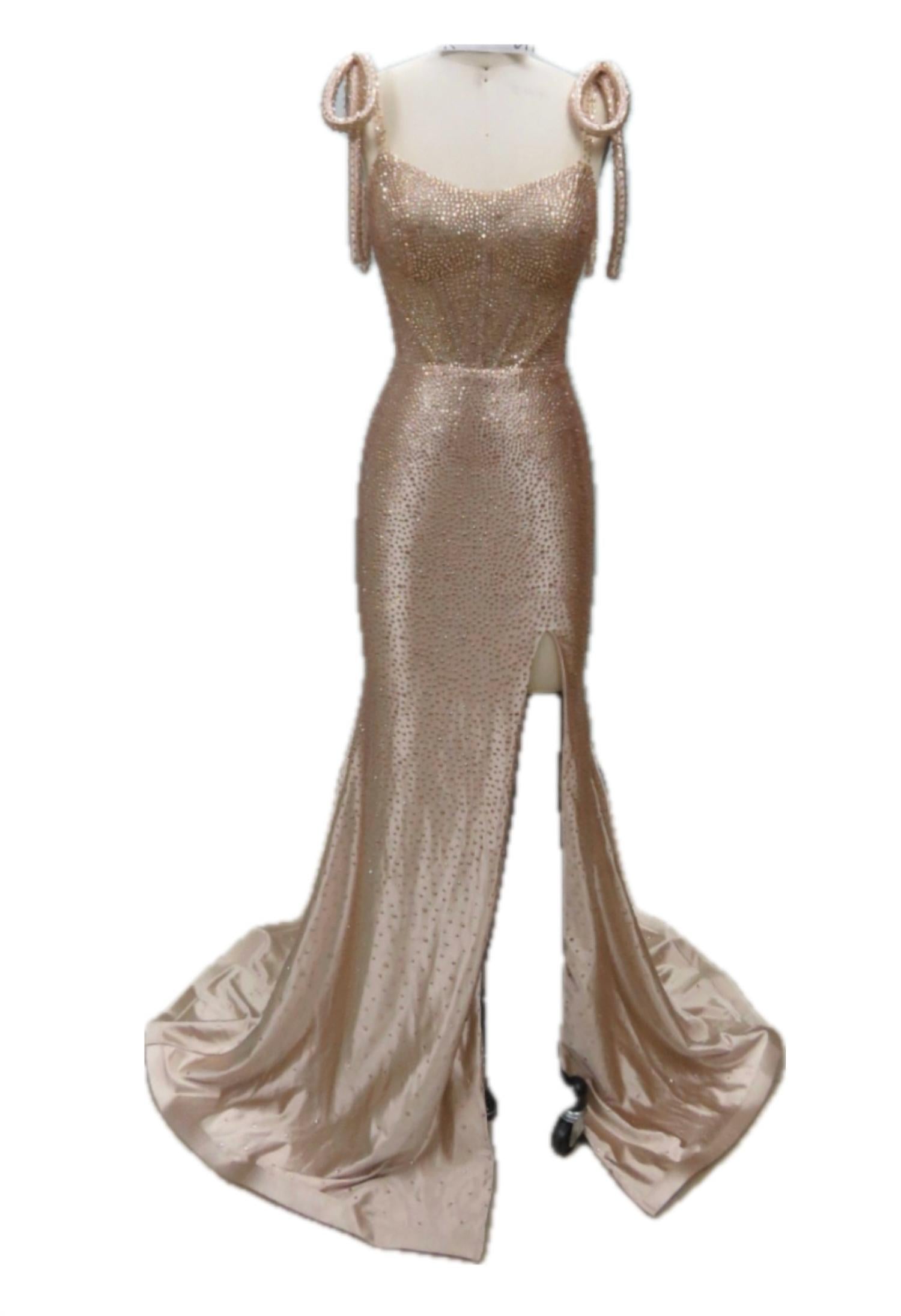 Ava Presley Women's Beaded Sheer Corset Bodice Bow Detail On Shoulder Gown in champagne - women's dress