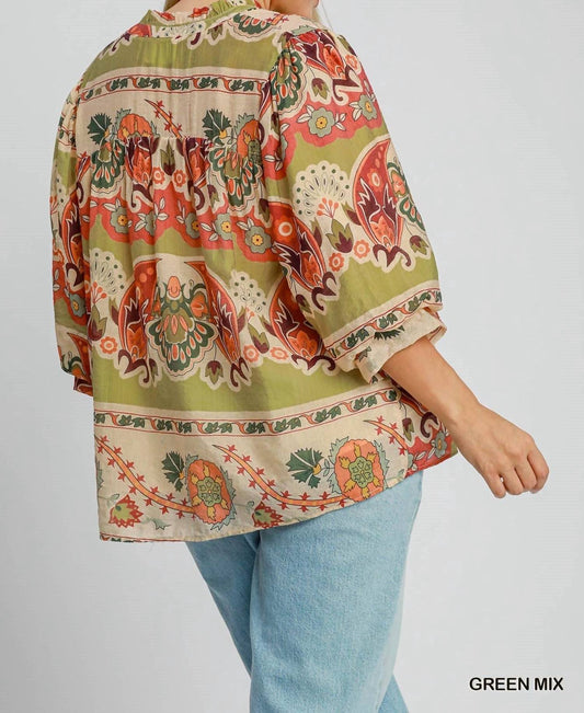 Umgee - Border Print Split Neck Top With Puff Sleeves - Plus