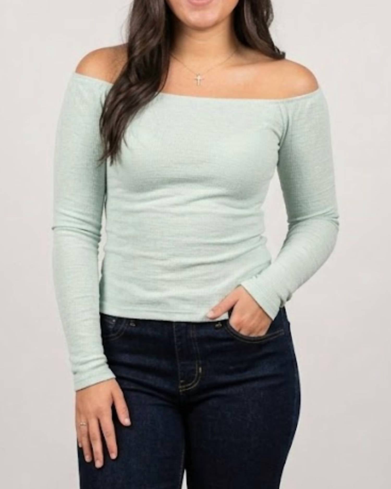 HYFVE Off Shoulder Top in mint green - women's long sleeve top - detail view
