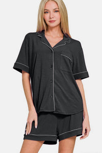Zenana - Button Down Short Sleeve Top And Shorts Lounge Set