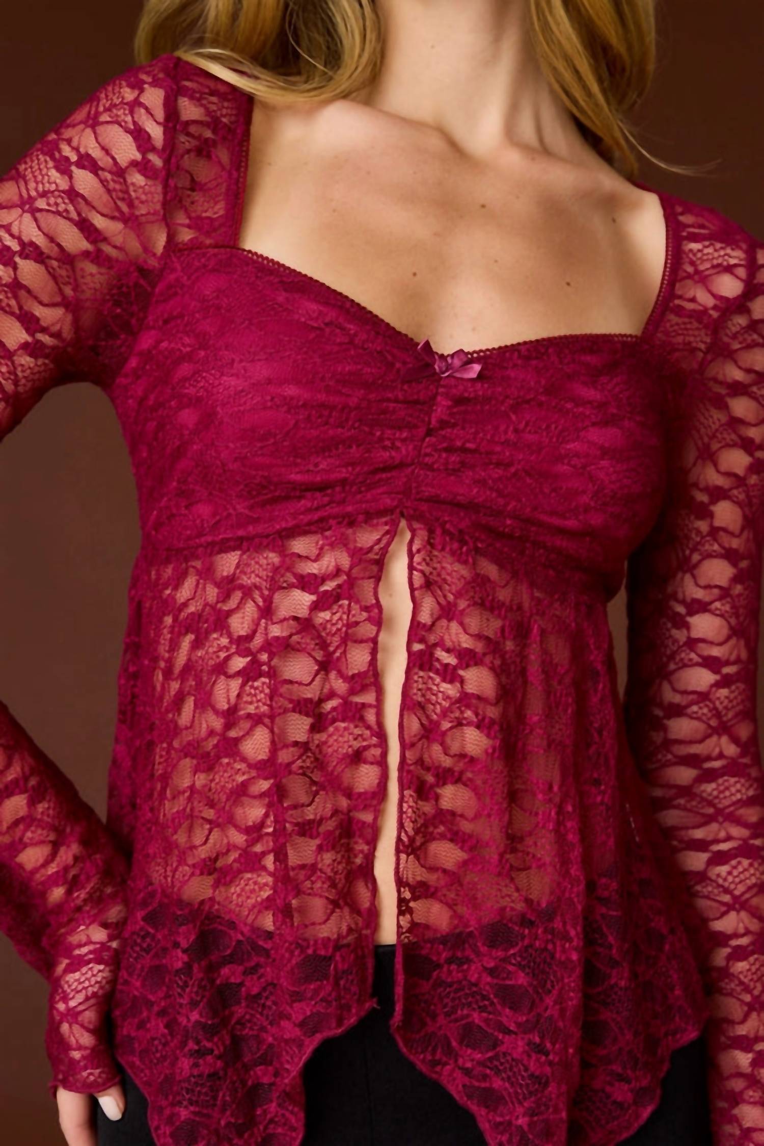 PAPERMOON Juliette Lace Top in red - women's long sleeve top - alternate view