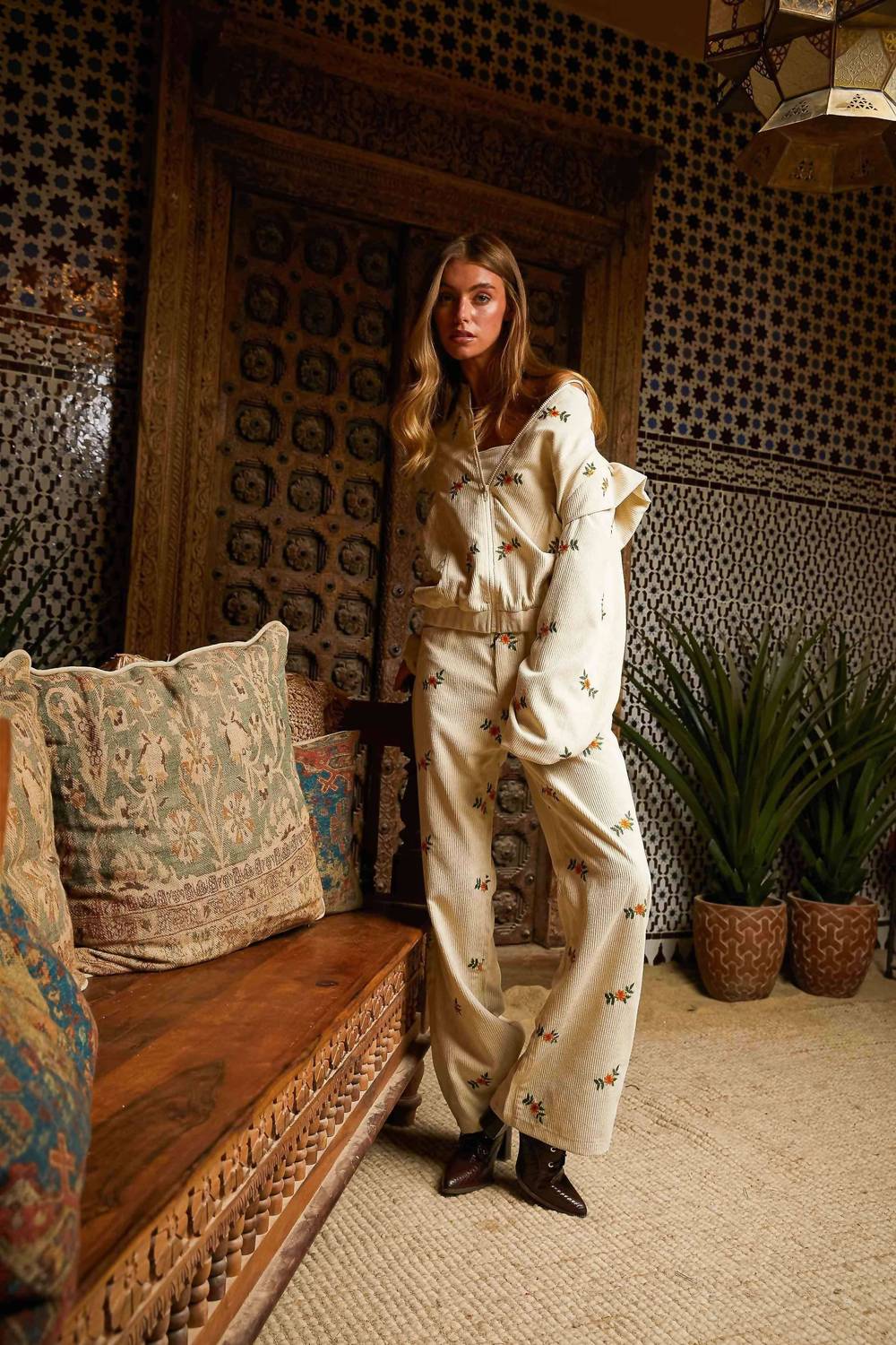 Davi & Dani - Floral Embroidered Wide Leg Pants - Plus