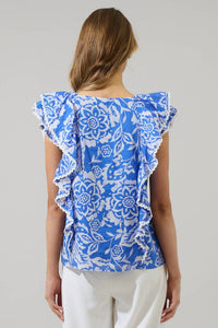SUGARLIPS Women's Floral Ziva Ruffle Blouse in blue white - women's blouse - detail view