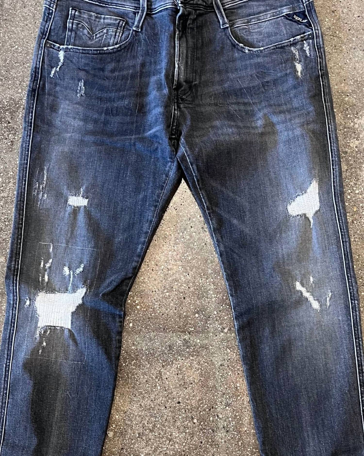 REPLAY Men's Anbas Slim Fit Distressed Jean in grey - men's jeans - detail view