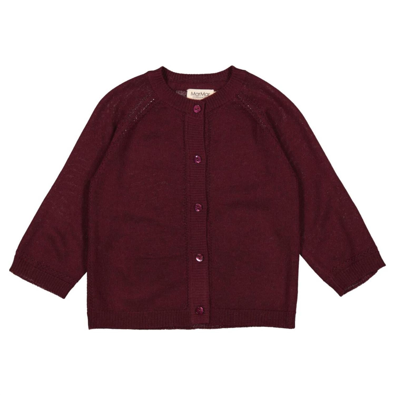 MarMar Copenhagen Taki Merino Sweater Cardigan in deep mulberry - kids' sweater - detail view