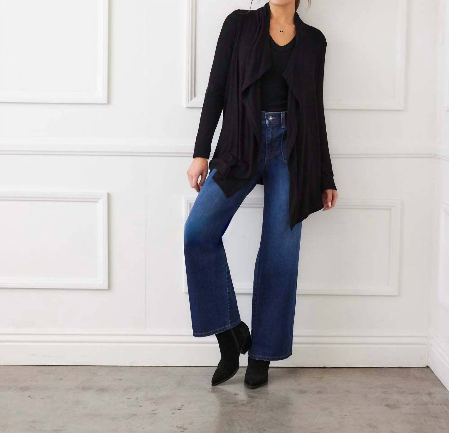 Karen Kane Long Sleeve Ribbed Drape Front Cardigan in black - women's cardigan - view 5
