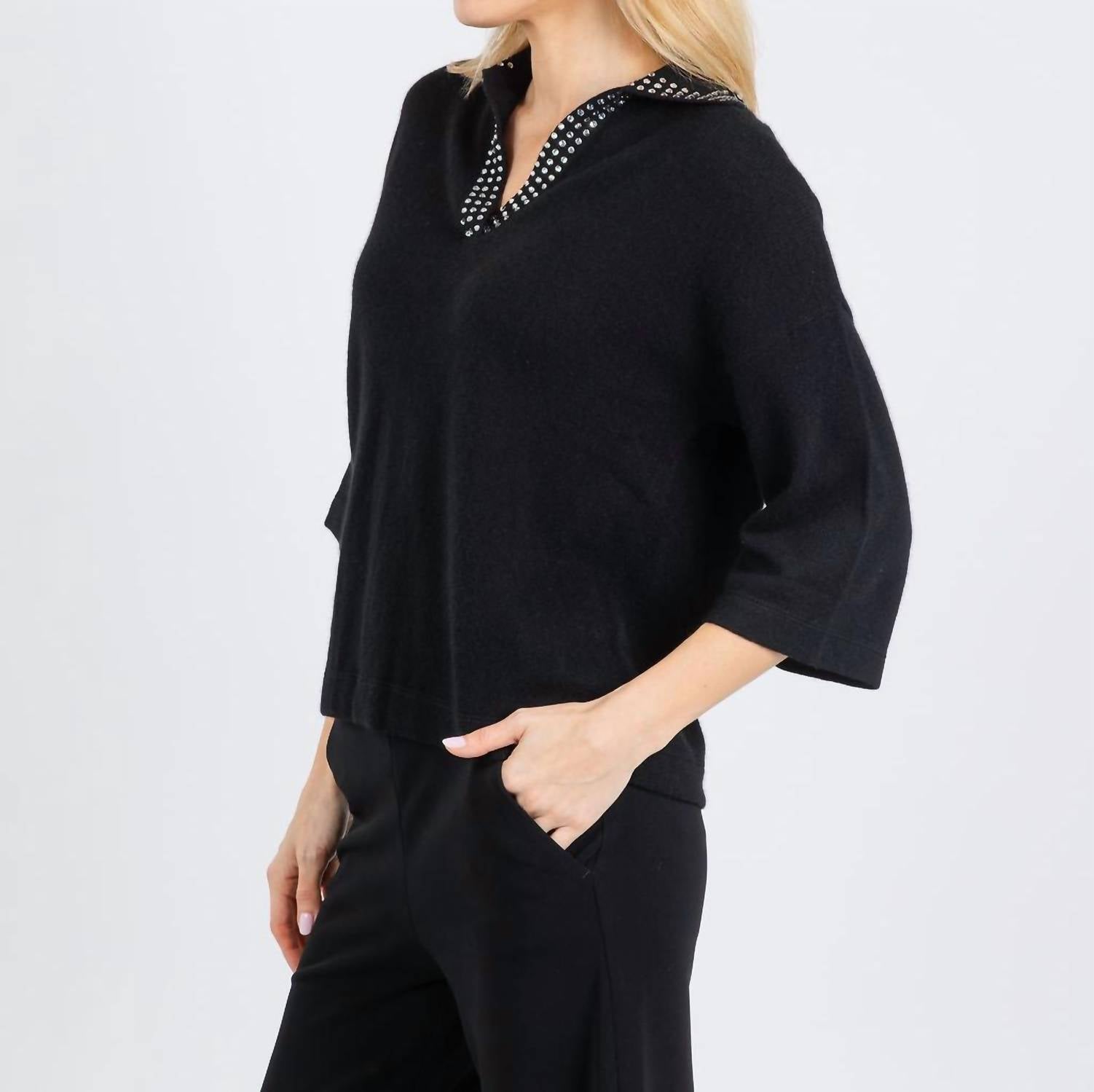 Autumn Cashmere Boxy Cashmere Jewel Trim Sweater in black - women's sweater - alternate view