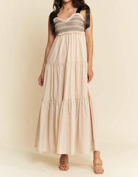 Davi & Dani - Dustbowl Darling Multi Contrast Smocked Bodice Straps Maxi Dress