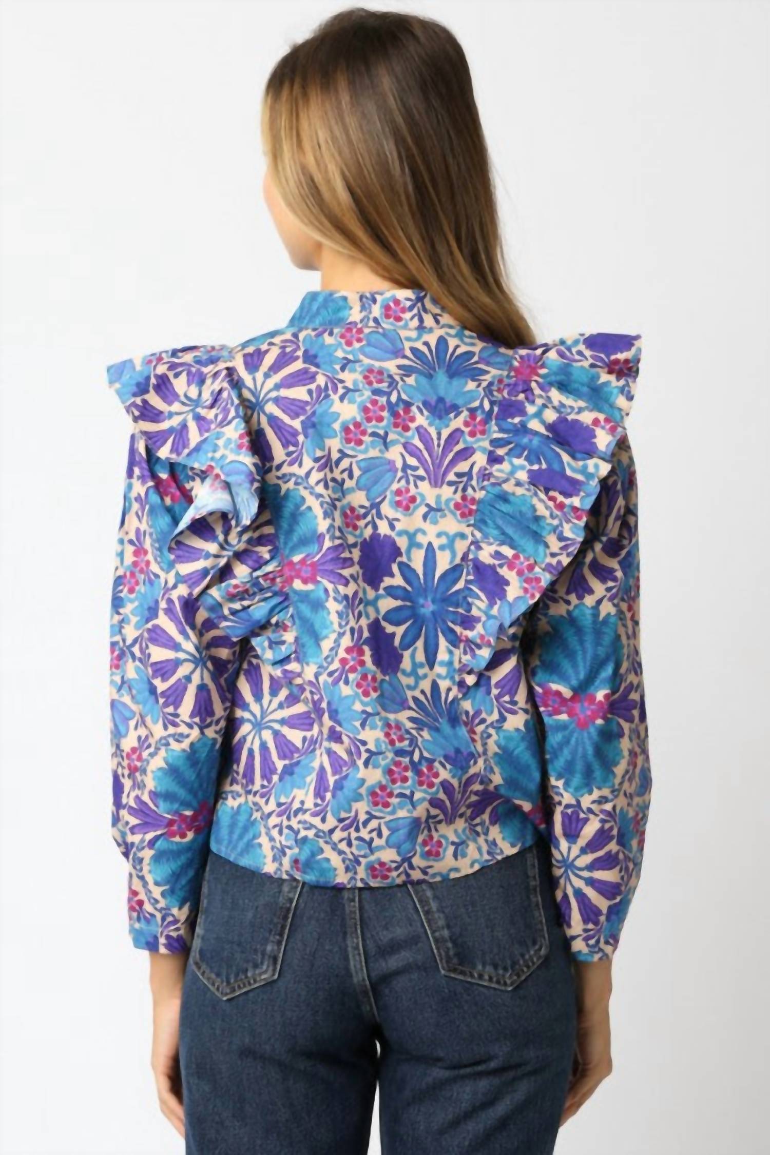 OLIVACEOUS Floral Ruffled Button Down Top in purple - women's blouse - view 4