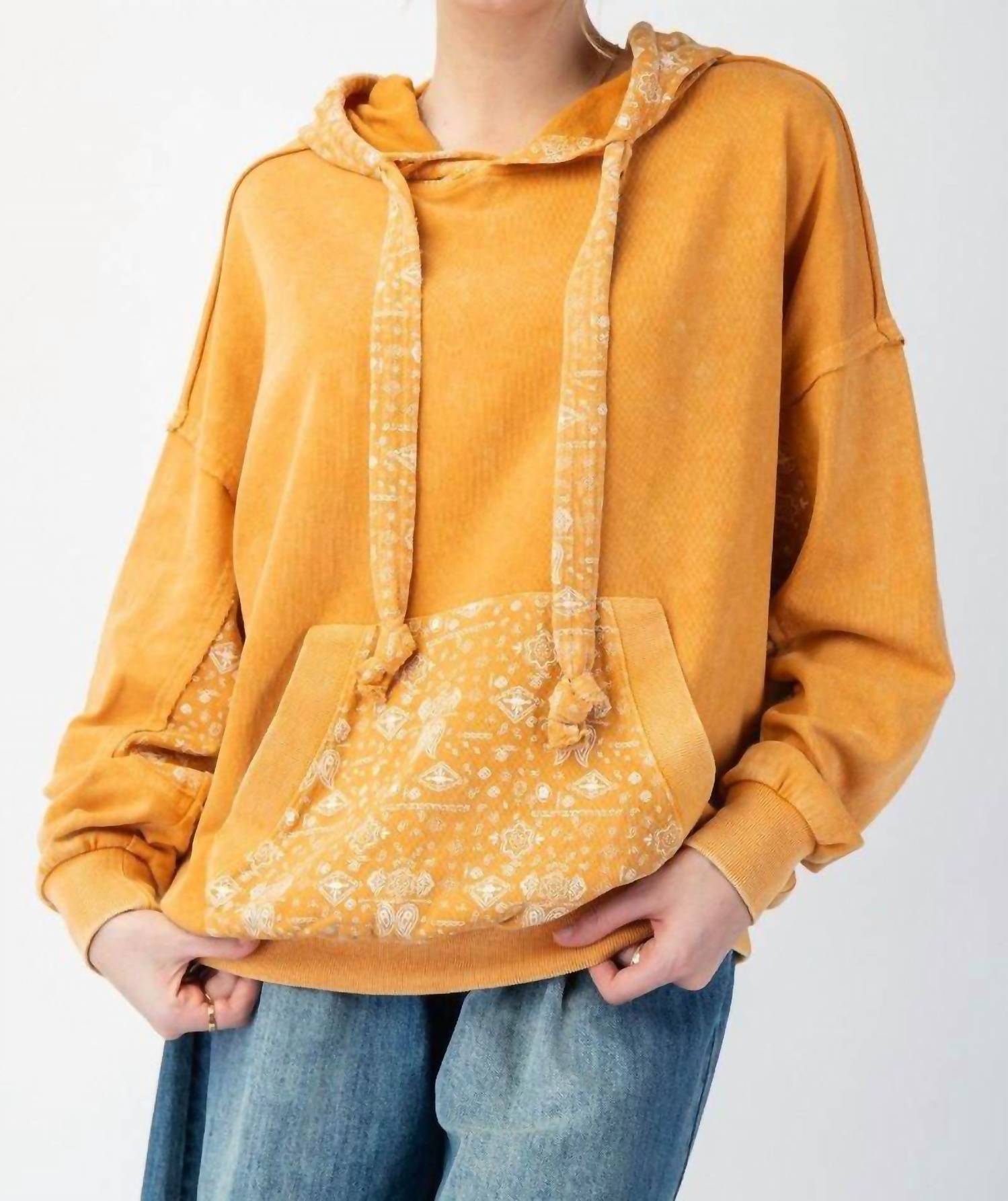 SurelyMine Mineral Wash Bandana Pocket Hoodie Sweatshirt in marigold - women's top