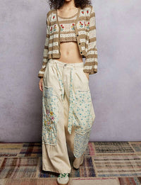 Pol - Sofia Floral Embroidery Crochet Striped Sweater