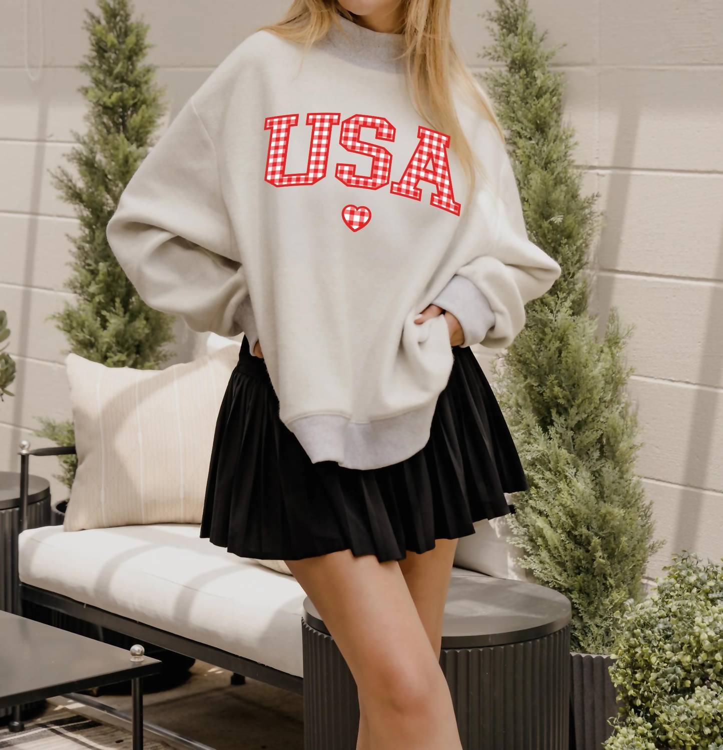 Livylu - America Usa Gingham Heart Reversible Mock Neck Sweatshirt