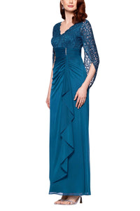 Betsy & Adam - Women's Lace Side Ruche Long Gown Dress