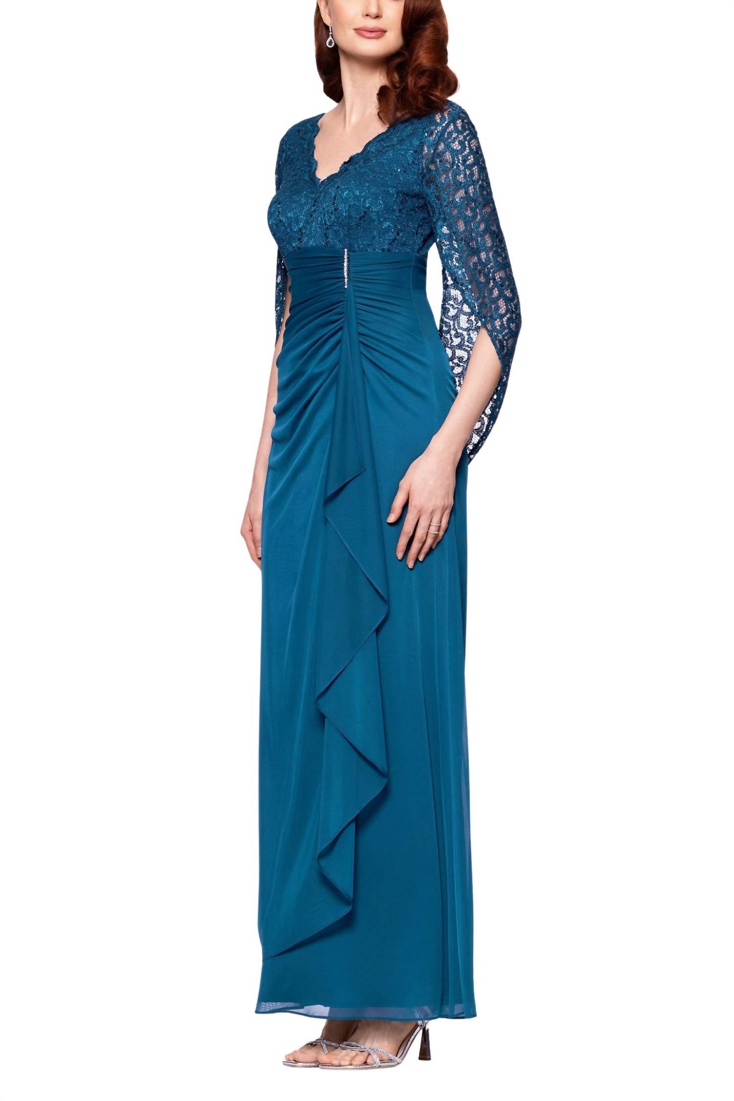 Betsy & Adam - Women's Lace Side Ruche Long Gown Dress