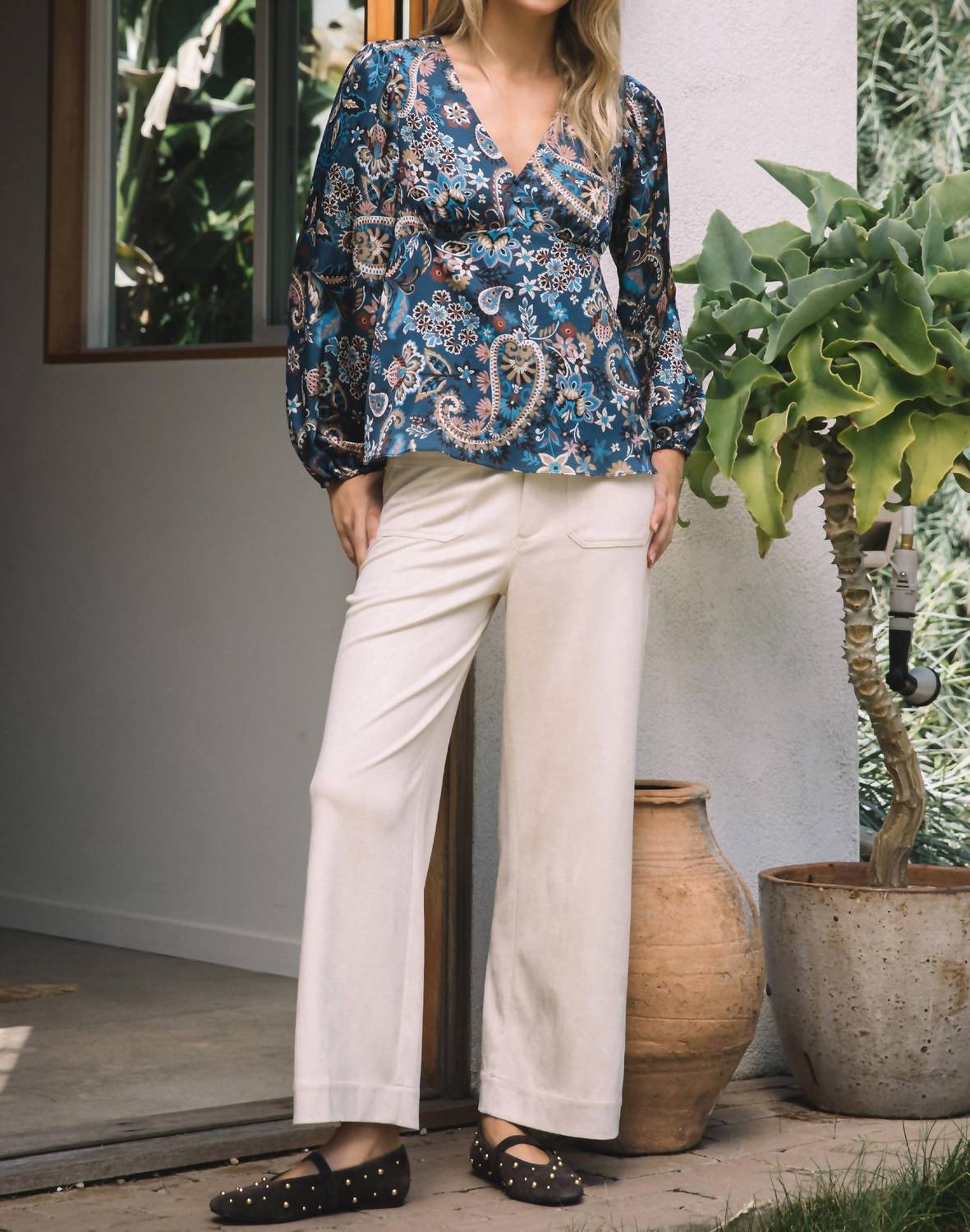 SKIES ARE BLUE Paisley Print V-neck Top in navy - women's blouse - detail view