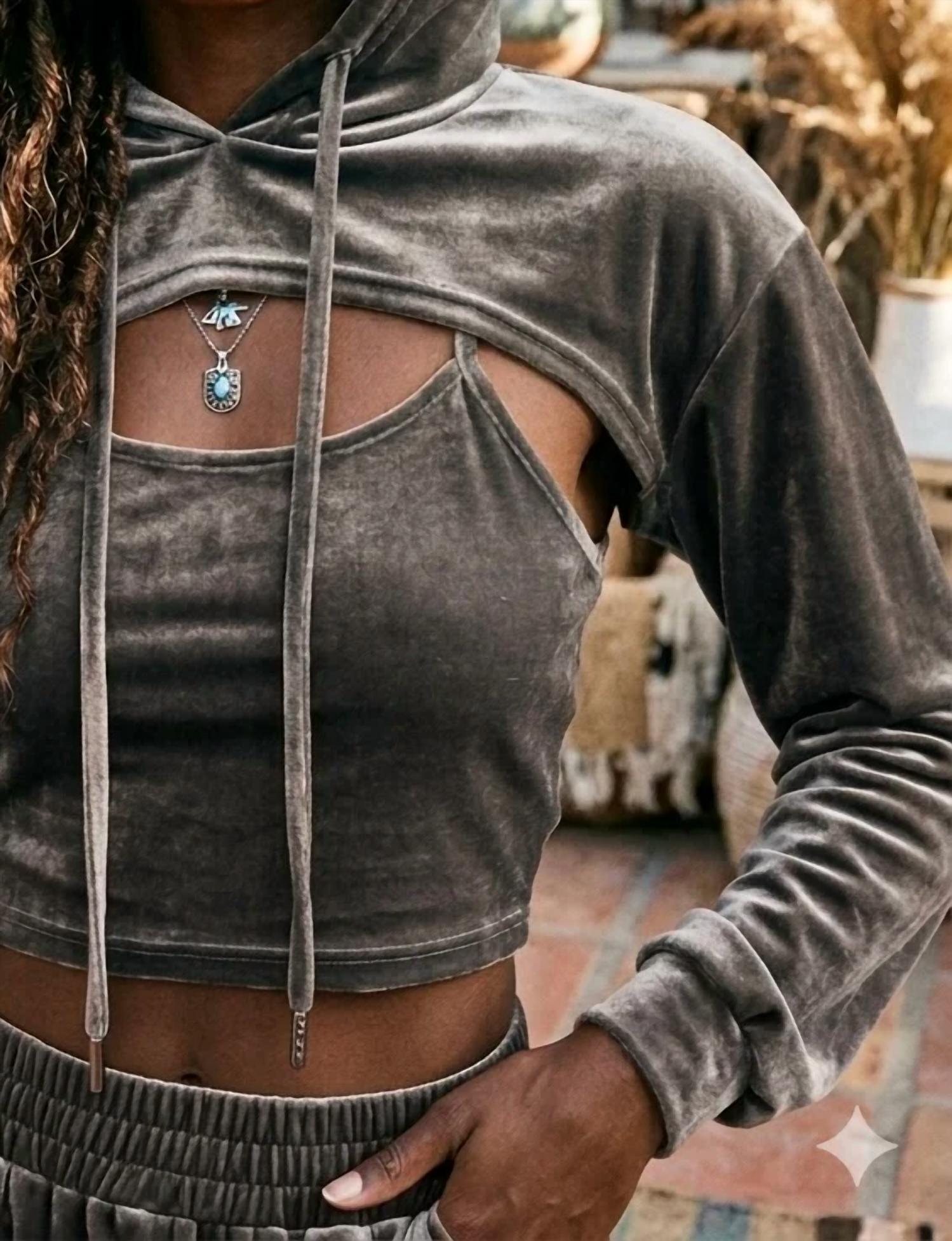 Surelymine - Malibu Vintage Relaxed Velvet Cropped Hoodie Set