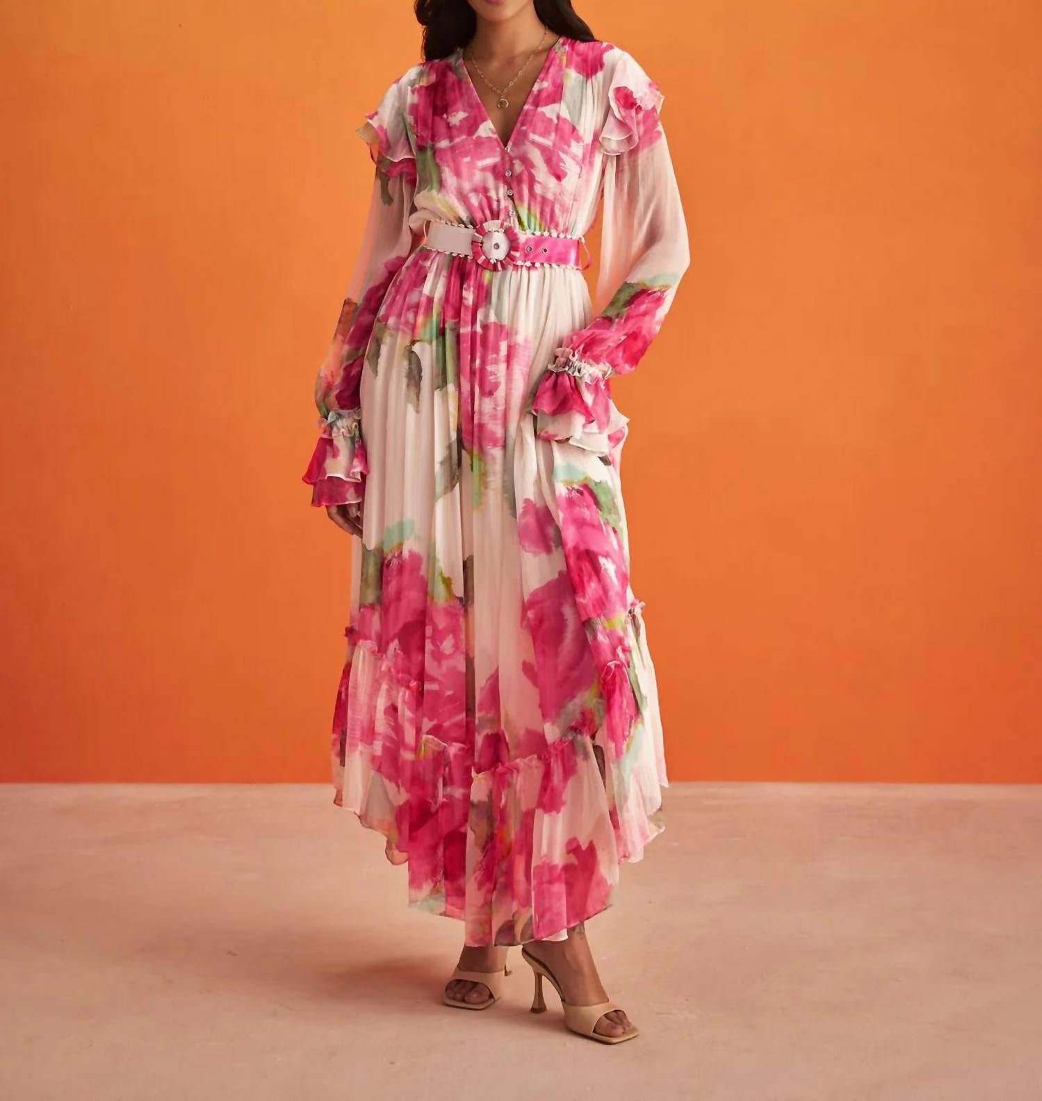 HEMANT & NANDITA Rosa High Low Dress in pink floral - women's dress - alternate view